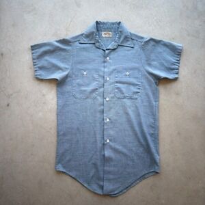 Vintage King Kole Men Blue Short Sleeve Work Shirt Chambray Permanent Press